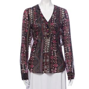 VERONICA BEARD Lowell Blouse Floral Paisley Black Brown Sheer Top Long Sleeves 4